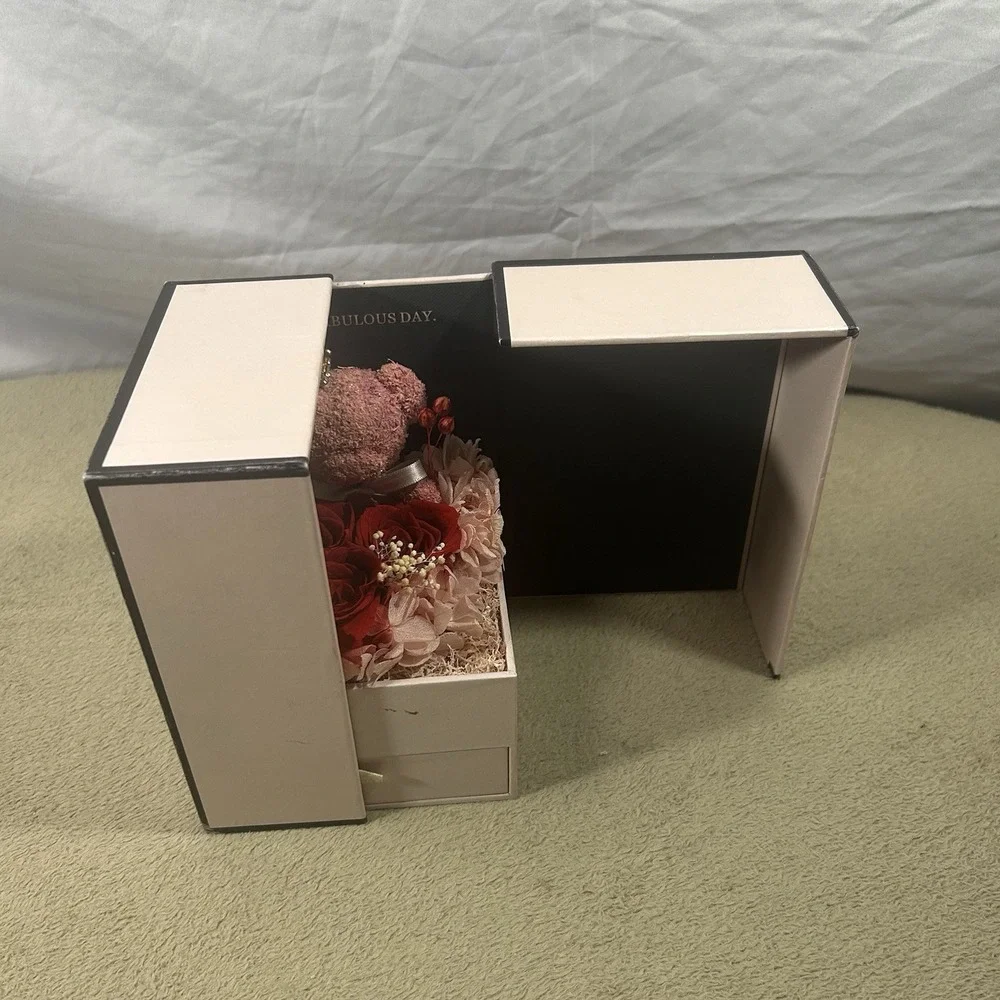 Rose Teddy Bear Jewelry Gift Box Drawer Red Roses Pink Bear Crown Decor